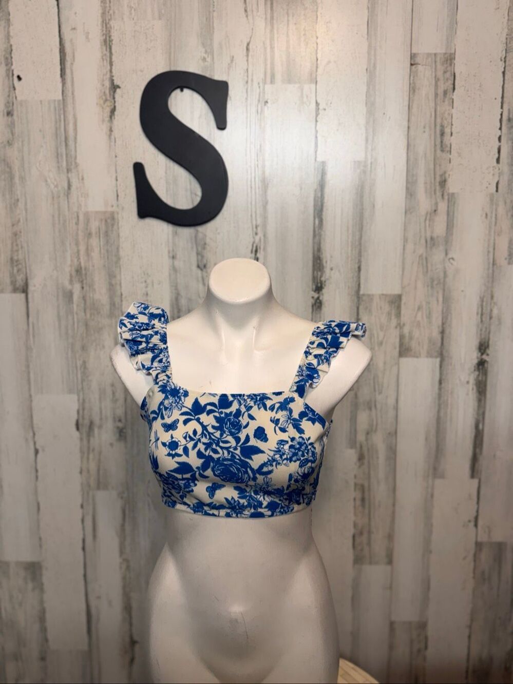 Blue White Floral Toile Ruffle Strap Smocked Crop Top Womens Small S / US 4